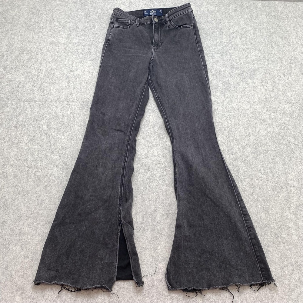 Hollister Juniors 3R Flare Jeans (24x29) Gray High Rise Split Raw Hem Stretch